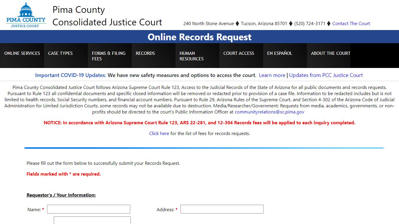 Records Request - Pima County Courthouse
